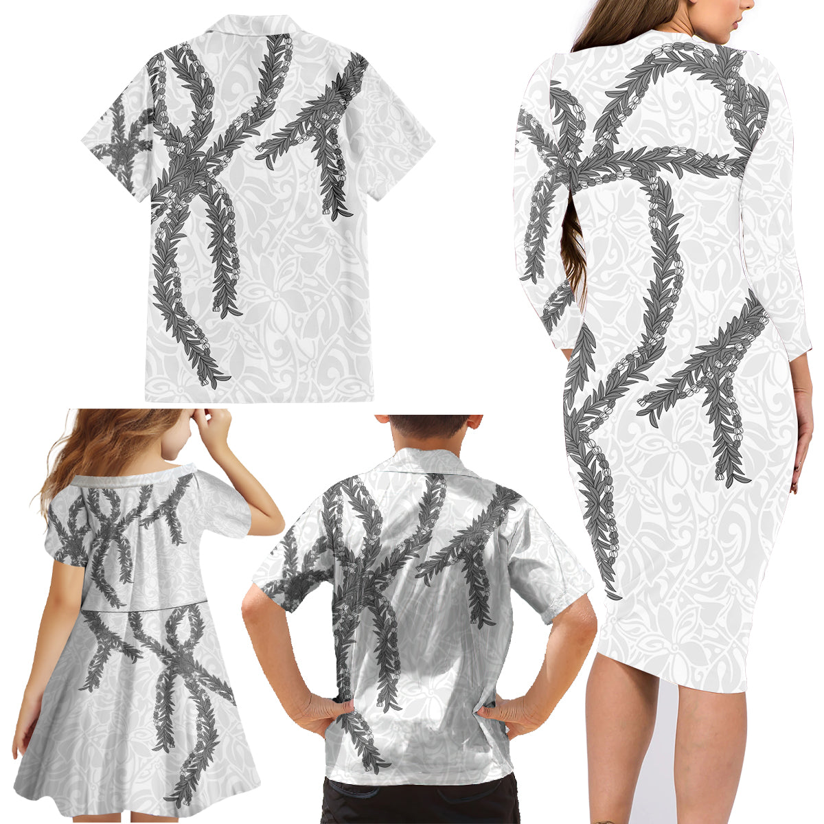 Hawaii Maile Lei Family Matching Long Sleeve Bodycon Dress and Hawaiian Shirt Aloha The Grey Color LT03 - Polynesian Pride