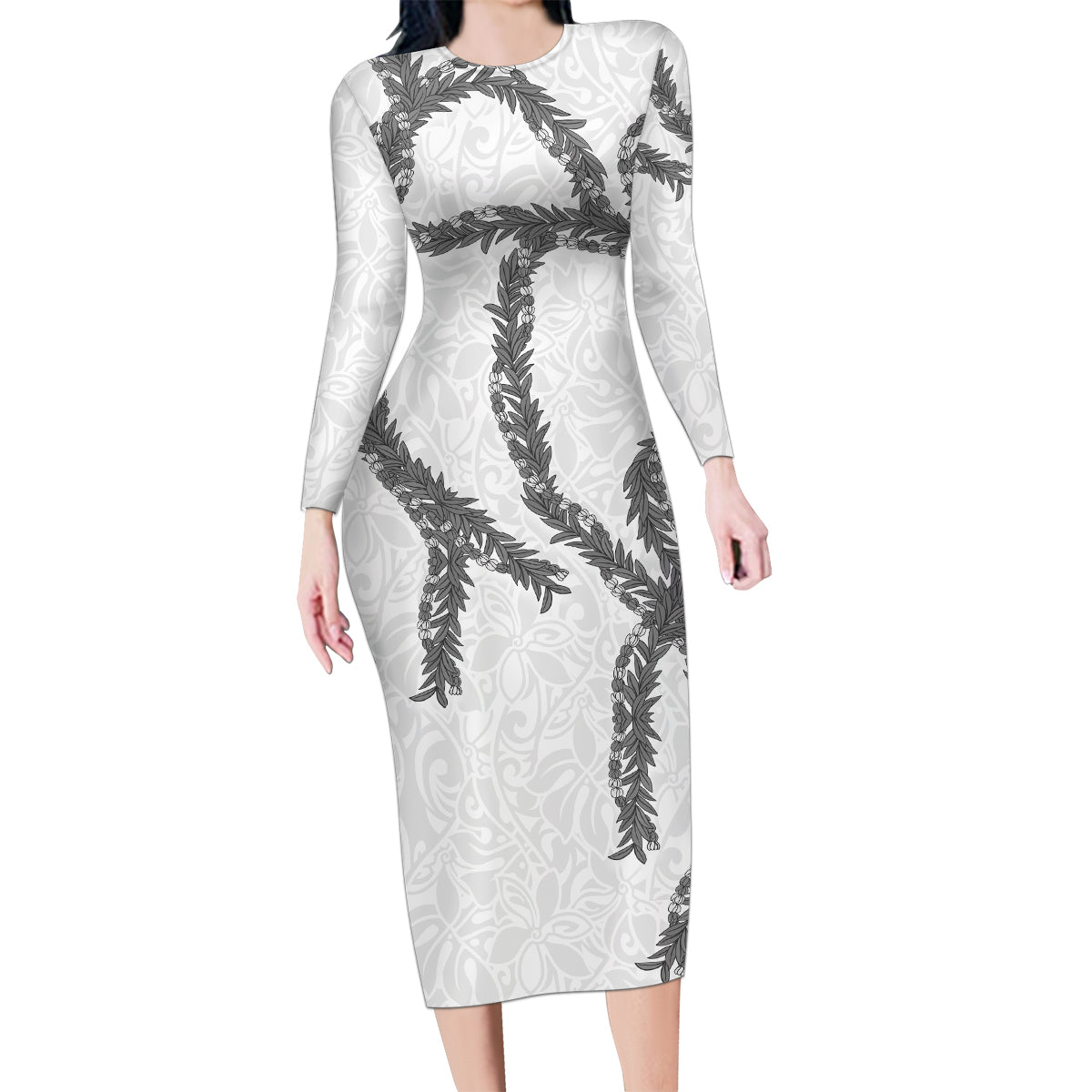 Hawaii Maile Lei Family Matching Long Sleeve Bodycon Dress and Hawaiian Shirt Aloha The Grey Color LT03 Mom's Dress Grey - Polynesian Pride