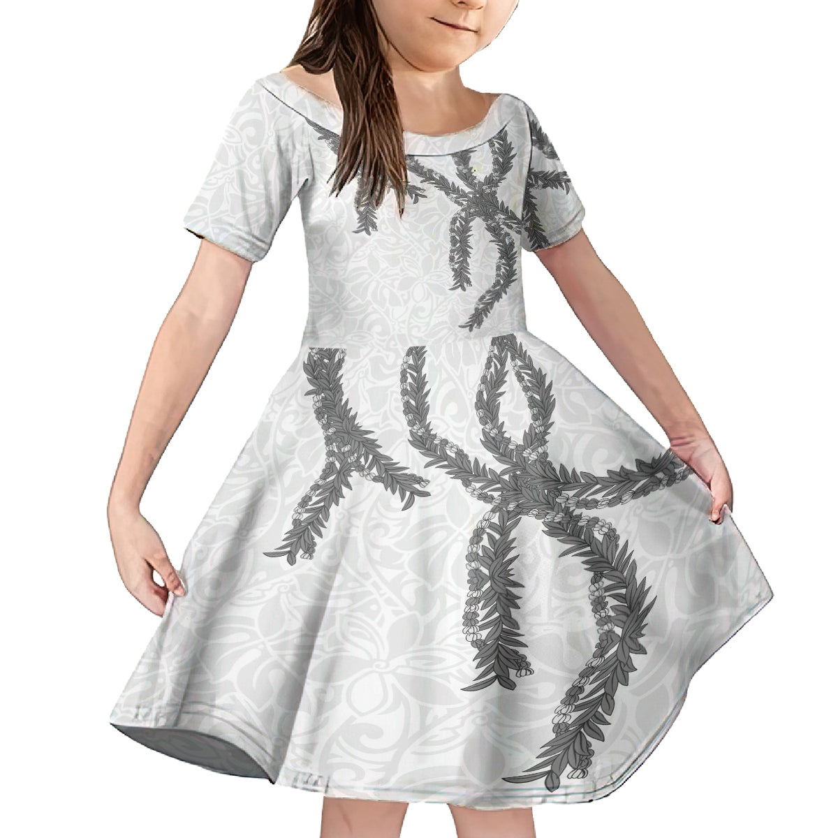 Hawaii Maile Lei Family Matching Off Shoulder Maxi Dress and Hawaiian Shirt Aloha The Grey Color LT03 Daughter's Dress Grey - Polynesian Pride
