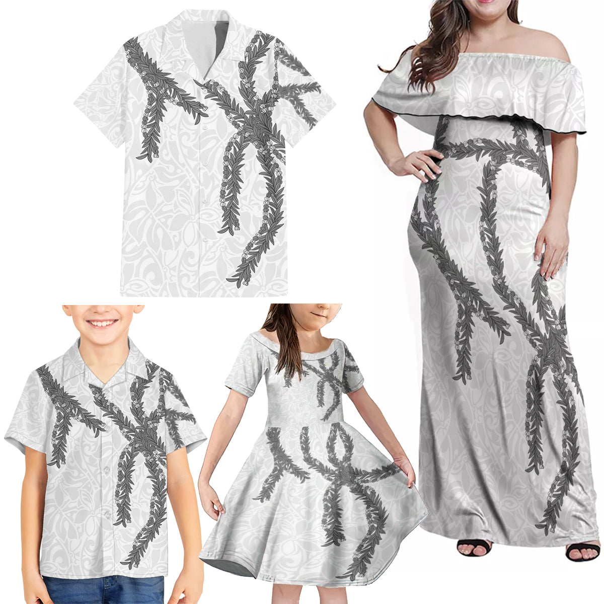 Hawaii Maile Lei Family Matching Off Shoulder Maxi Dress and Hawaiian Shirt Aloha The Grey Color LT03 - Polynesian Pride