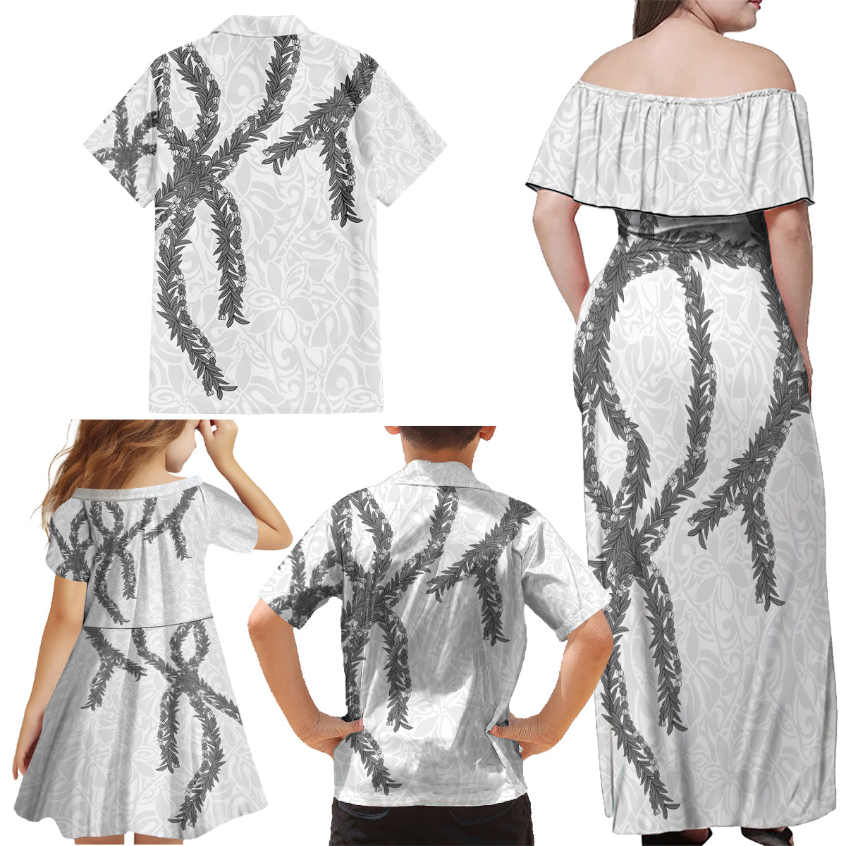 Hawaii Maile Lei Family Matching Off Shoulder Maxi Dress and Hawaiian Shirt Aloha The Grey Color LT03 - Polynesian Pride
