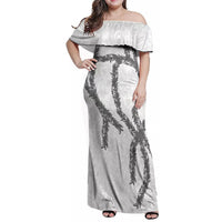 Hawaii Maile Lei Family Matching Off Shoulder Maxi Dress and Hawaiian Shirt Aloha The Grey Color LT03 Mom's Dress Grey - Polynesian Pride