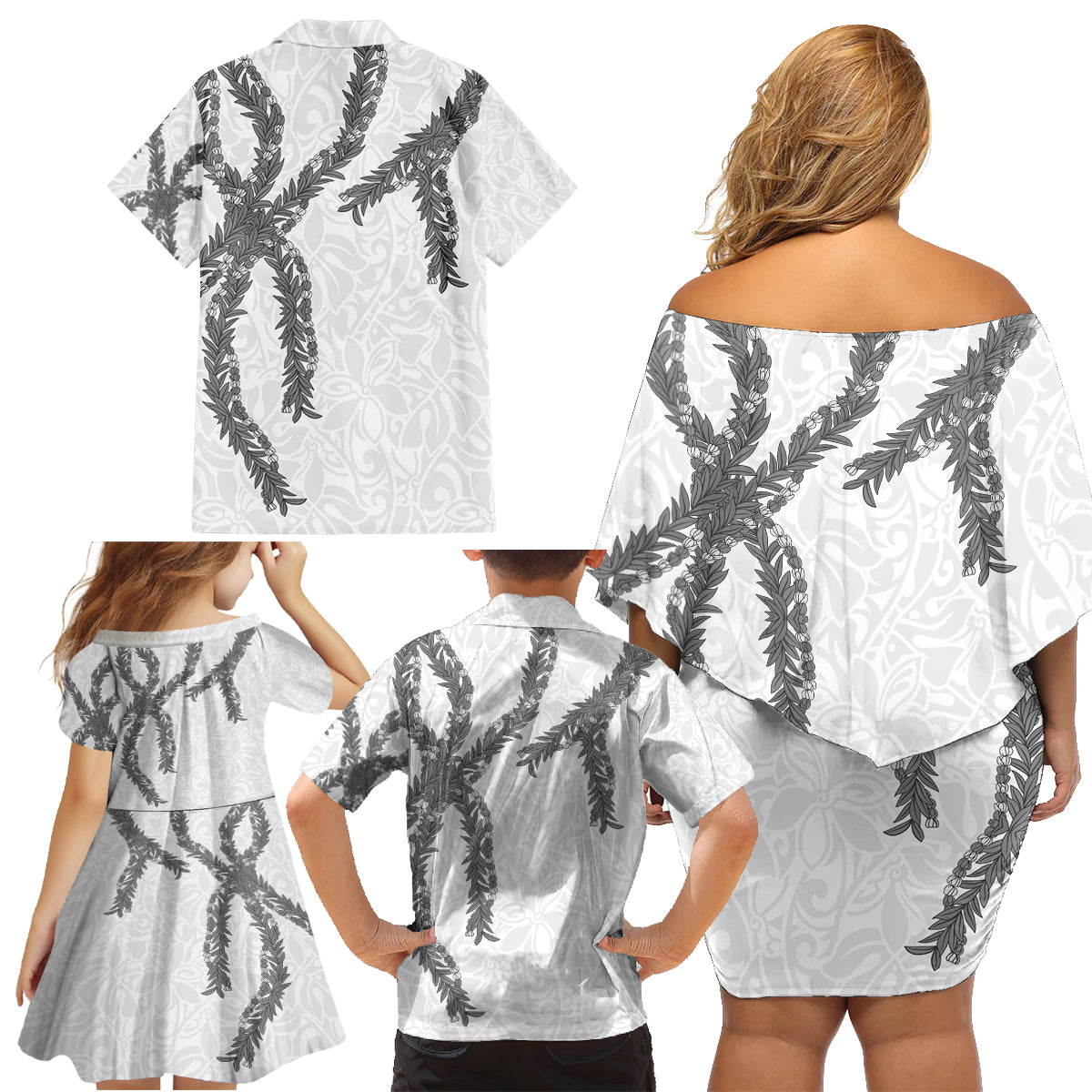 Hawaii Maile Lei Family Matching Off Shoulder Short Dress and Hawaiian Shirt Aloha The Grey Color LT03 - Polynesian Pride