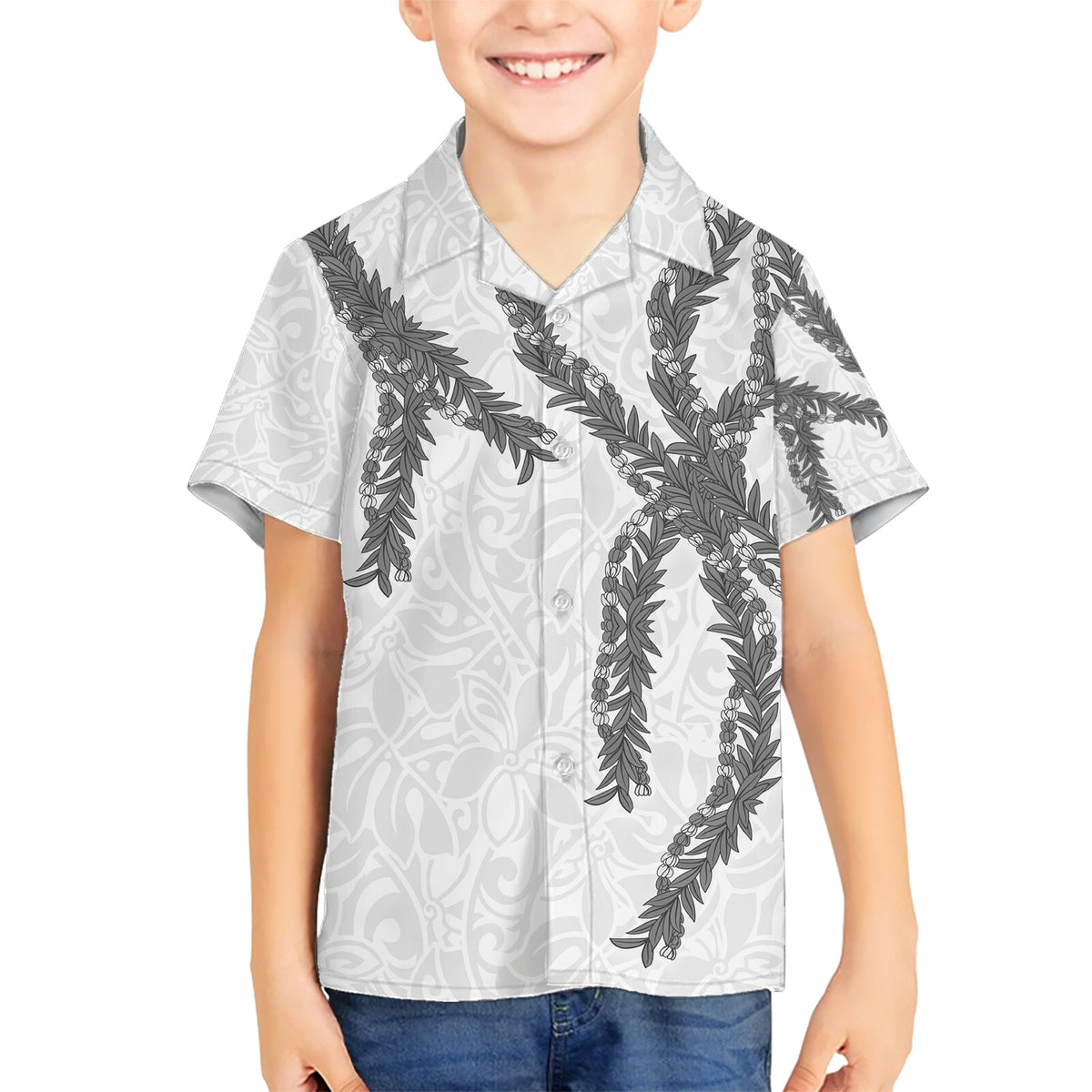 Hawaii Maile Lei Family Matching Short Sleeve Bodycon Dress and Hawaiian Shirt Aloha The Grey Color LT03 Son's Shirt Grey - Polynesian Pride