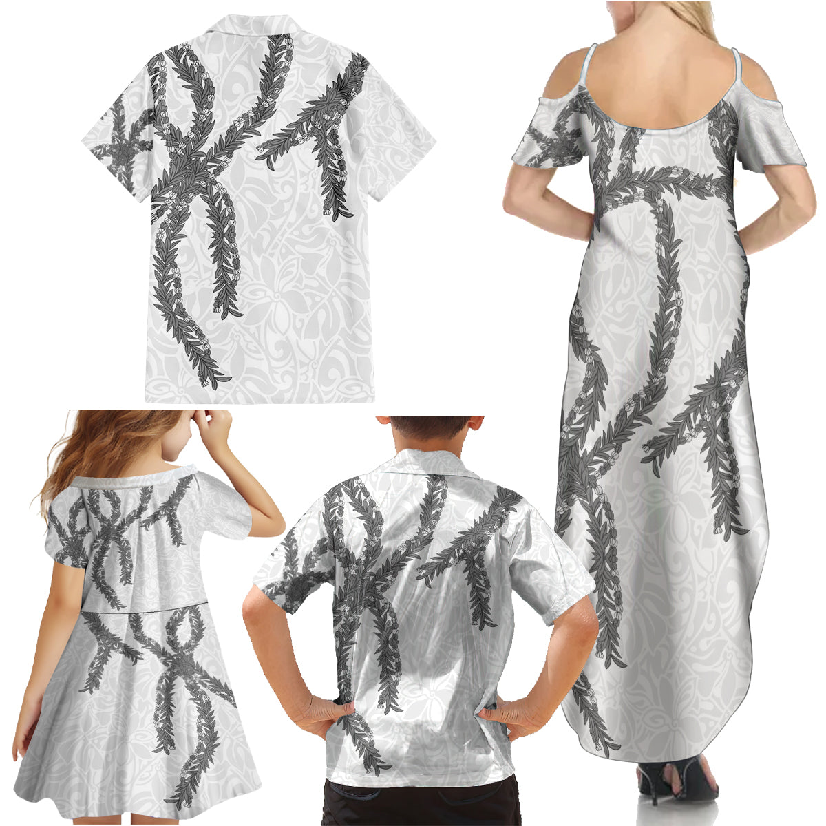 Hawaii Maile Lei Family Matching Summer Maxi Dress and Hawaiian Shirt Aloha The Grey Color LT03 - Polynesian Pride