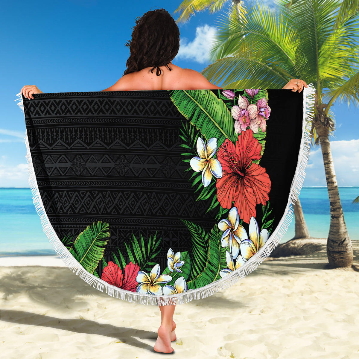 Hawaii Tropical Flowers and Leaves Beach Blanket Tapa Pattern Colorful Mode