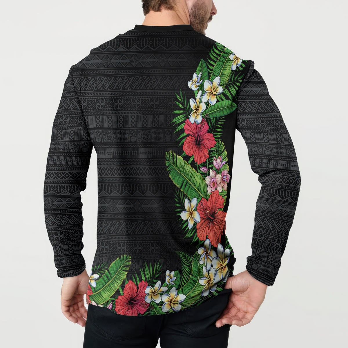 Hawaii Tropical Flowers and Leaves Button Sweatshirt Tapa Pattern Colorful Mode
