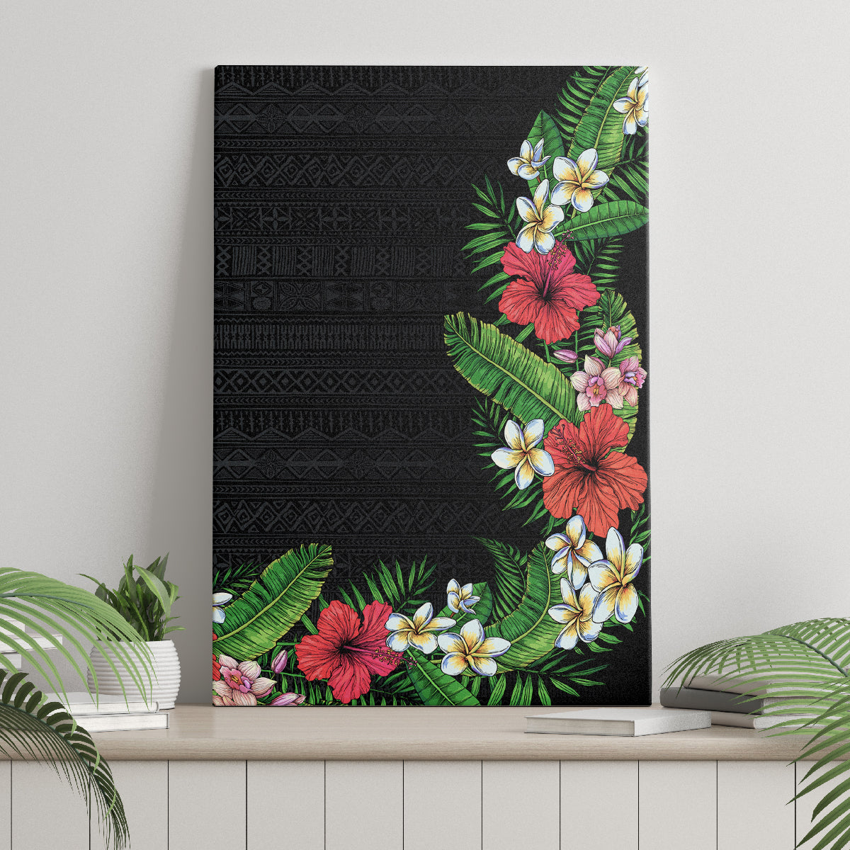 Hawaii Tropical Flowers and Leaves Canvas Wall Art Tapa Pattern Colorful Mode