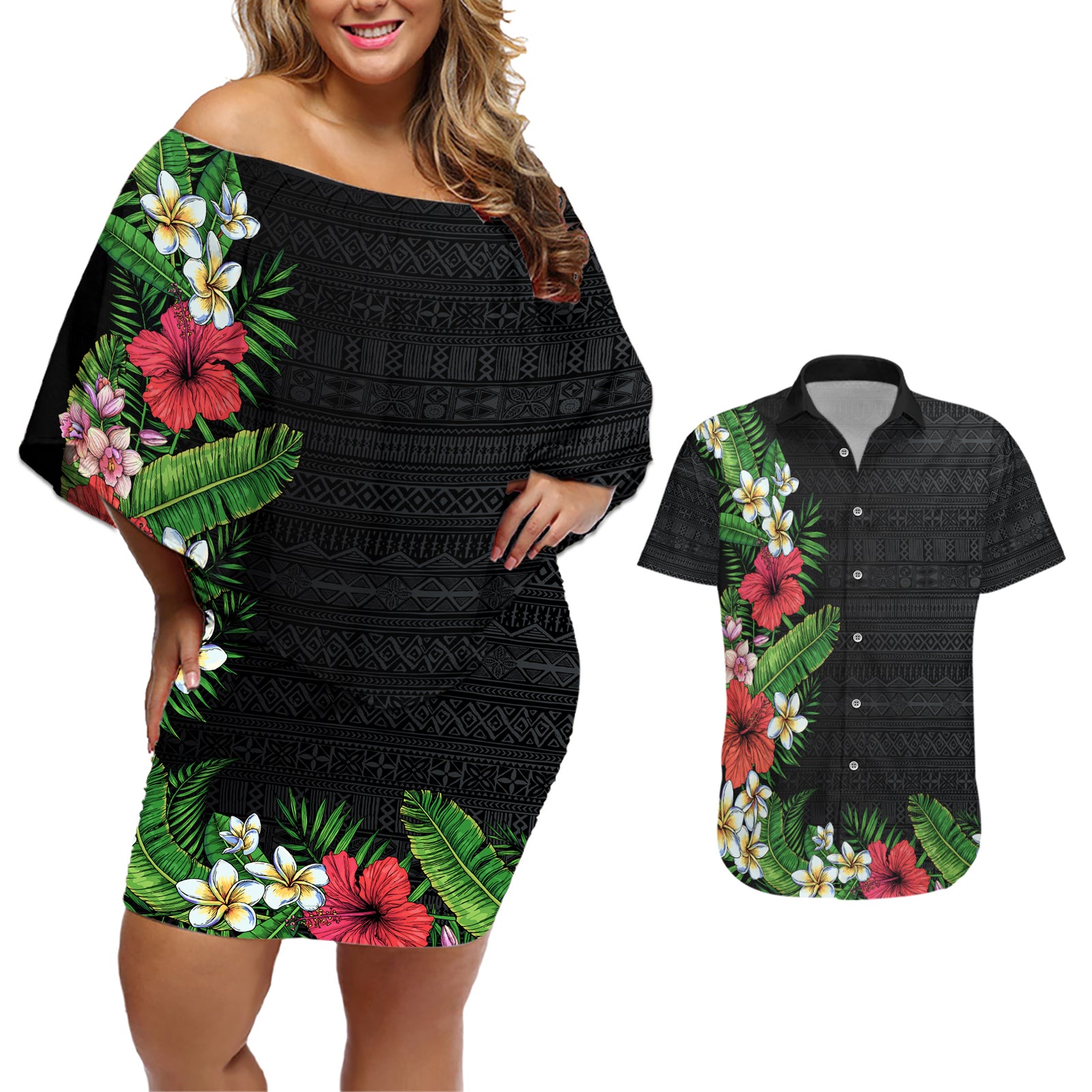 Hawaii Tropical Flowers and Leaves Couples Matching Off Shoulder Short Dress and Hawaiian Shirt Tapa Pattern Colorful Mode