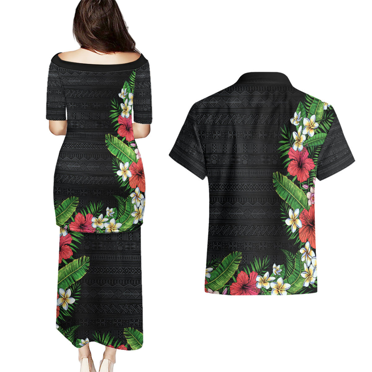 Hawaii Tropical Flowers and Leaves Couples Matching Puletasi and Hawaiian Shirt Tapa Pattern Colorful Mode