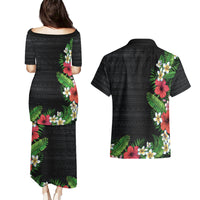 Hawaii Tropical Flowers and Leaves Couples Matching Puletasi and Hawaiian Shirt Tapa Pattern Colorful Mode