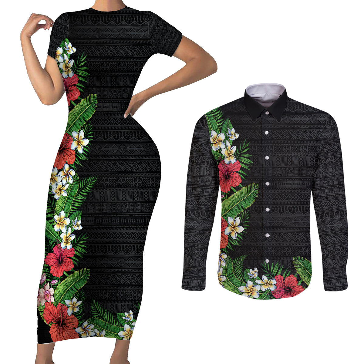 Hawaii Tropical Flowers and Leaves Couples Matching Short Sleeve Bodycon Dress and Long Sleeve Button Shirt Tapa Pattern Colorful Mode