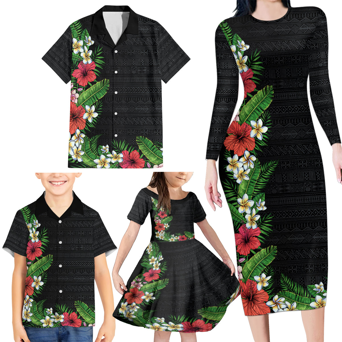 Hawaii Tropical Flowers and Leaves Family Matching Long Sleeve Bodycon Dress and Hawaiian Shirt Tapa Pattern Colorful Mode LT03 - Polynesian Pride