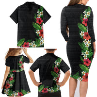 Hawaii Tropical Flowers and Leaves Family Matching Long Sleeve Bodycon Dress and Hawaiian Shirt Tapa Pattern Colorful Mode LT03 - Polynesian Pride