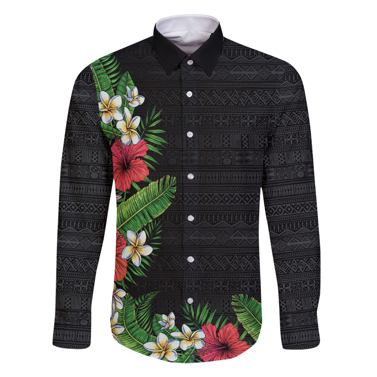 Hawaii Tropical Flowers and Leaves Family Matching Long Sleeve Bodycon Dress and Hawaiian Shirt Tapa Pattern Colorful Mode LT03 Dad's Shirt - Long Sleeve Black - Polynesian Pride