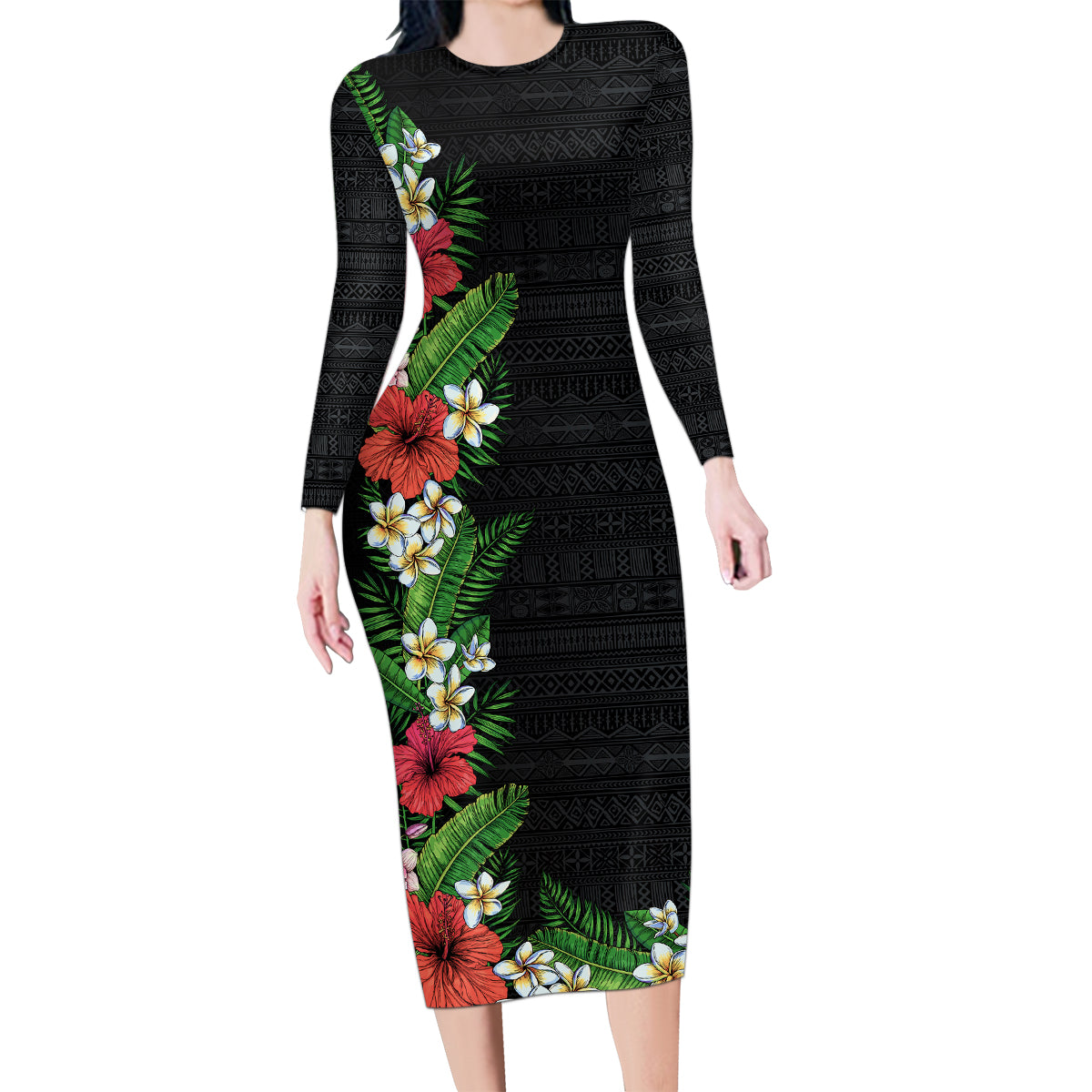 Hawaii Tropical Flowers and Leaves Family Matching Long Sleeve Bodycon Dress and Hawaiian Shirt Tapa Pattern Colorful Mode LT03 Mom's Dress Black - Polynesian Pride