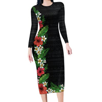 Hawaii Tropical Flowers and Leaves Family Matching Long Sleeve Bodycon Dress and Hawaiian Shirt Tapa Pattern Colorful Mode LT03 Mom's Dress Black - Polynesian Pride