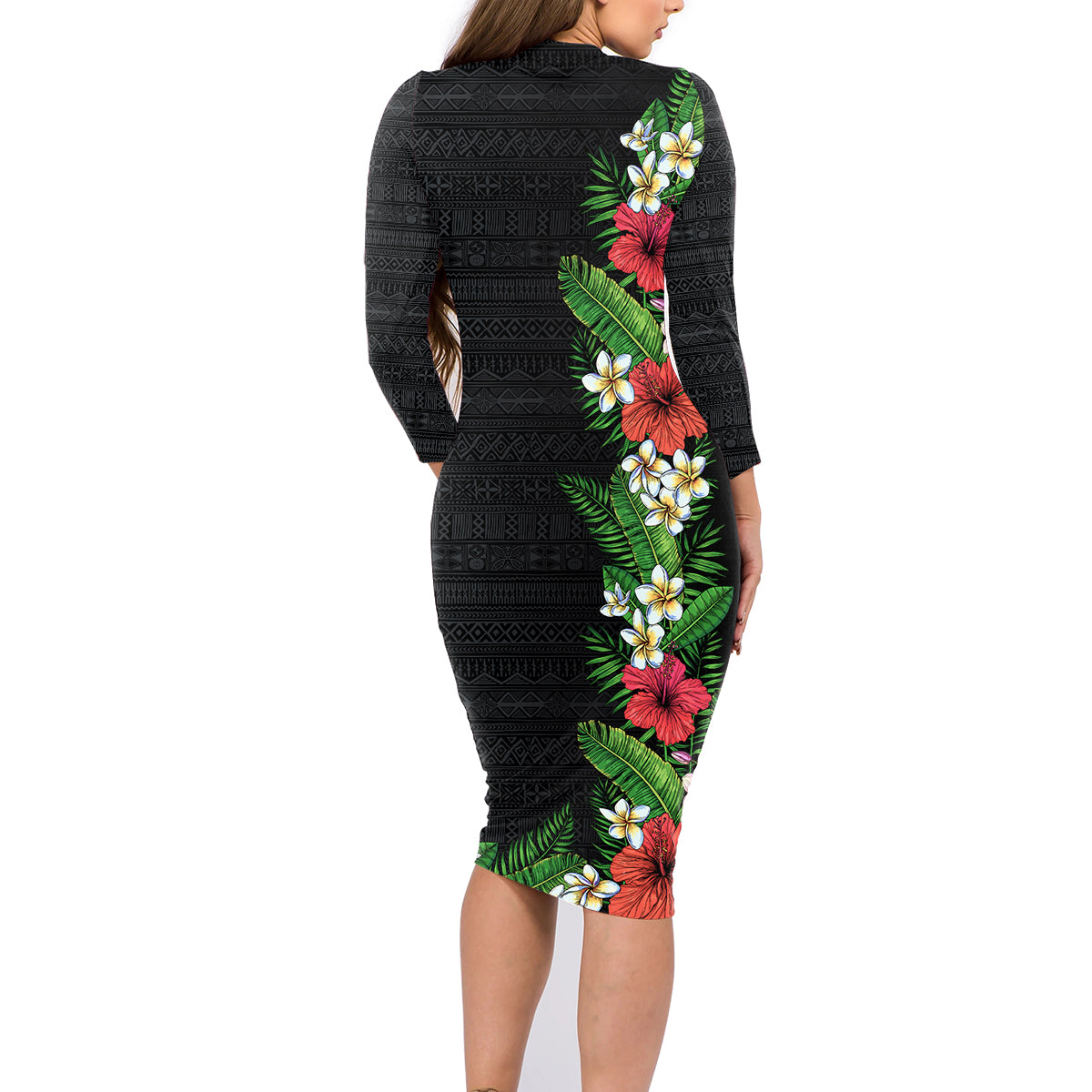 Hawaii Tropical Flowers and Leaves Family Matching Long Sleeve Bodycon Dress and Hawaiian Shirt Tapa Pattern Colorful Mode LT03 - Polynesian Pride