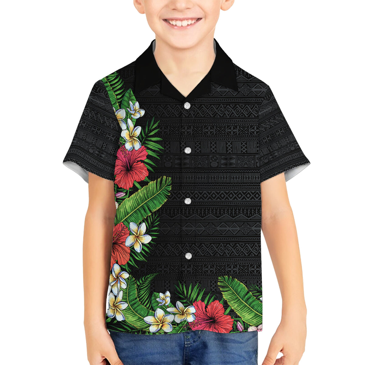 Hawaii Tropical Flowers and Leaves Family Matching Long Sleeve Bodycon Dress and Hawaiian Shirt Tapa Pattern Colorful Mode LT03 Son's Shirt Black - Polynesian Pride