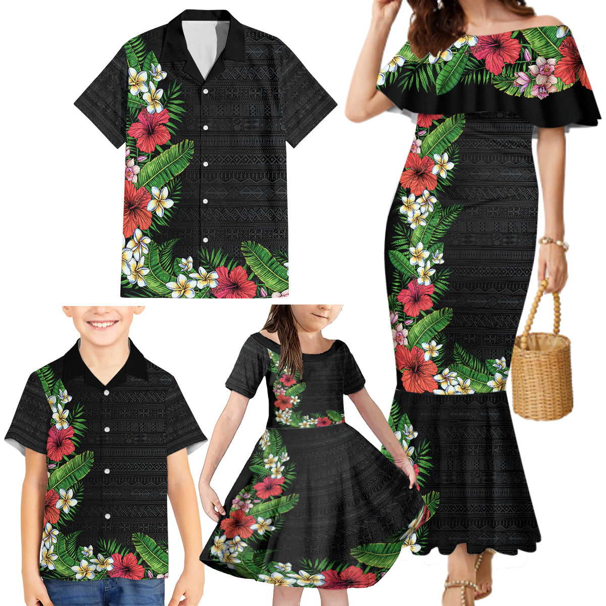 Hawaii Tropical Flowers and Leaves Family Matching Mermaid Dress and Hawaiian Shirt Tapa Pattern Colorful Mode