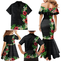 Hawaii Tropical Flowers and Leaves Family Matching Mermaid Dress and Hawaiian Shirt Tapa Pattern Colorful Mode