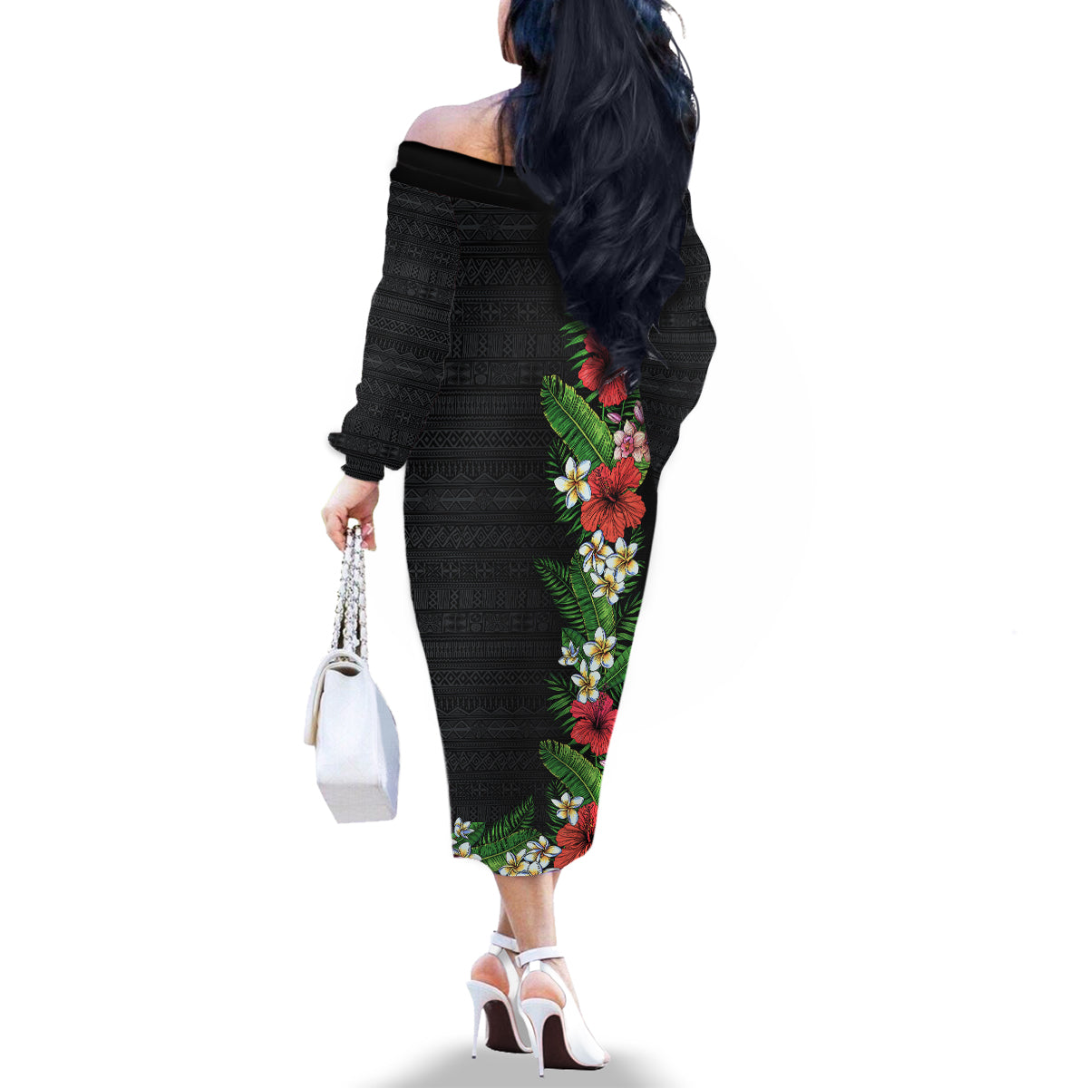 Hawaii Tropical Flowers and Leaves Family Matching Off The Shoulder Long Sleeve Dress and Hawaiian Shirt Tapa Pattern Colorful Mode LT03 - Polynesian Pride