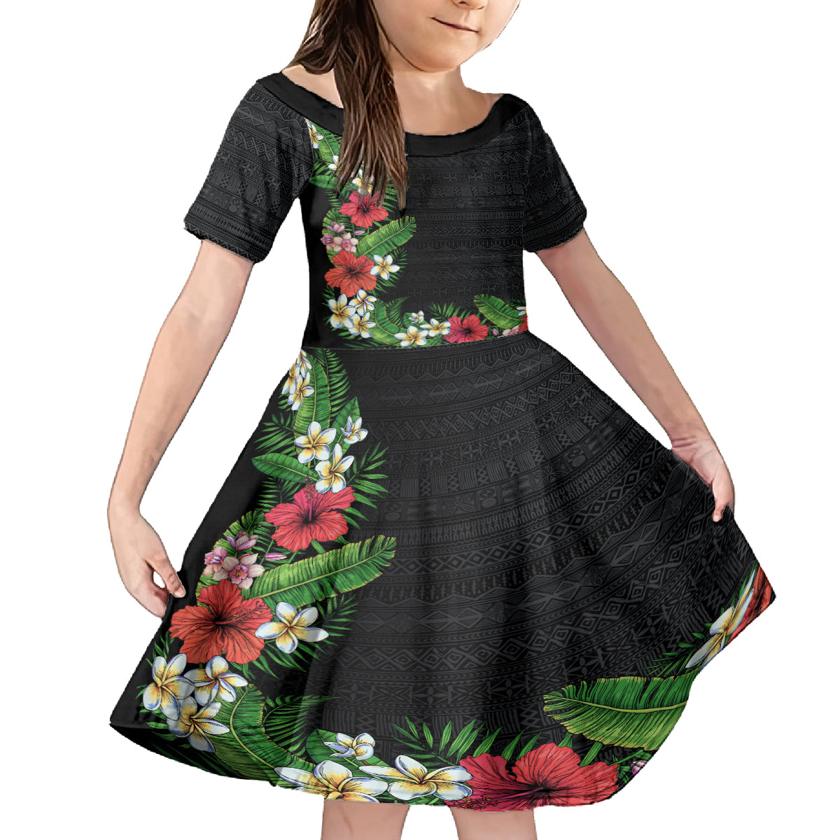 Hawaii Tropical Flowers and Leaves Family Matching Off Shoulder Short Dress and Hawaiian Shirt Tapa Pattern Colorful Mode LT03 Daughter's Dress Black - Polynesian Pride