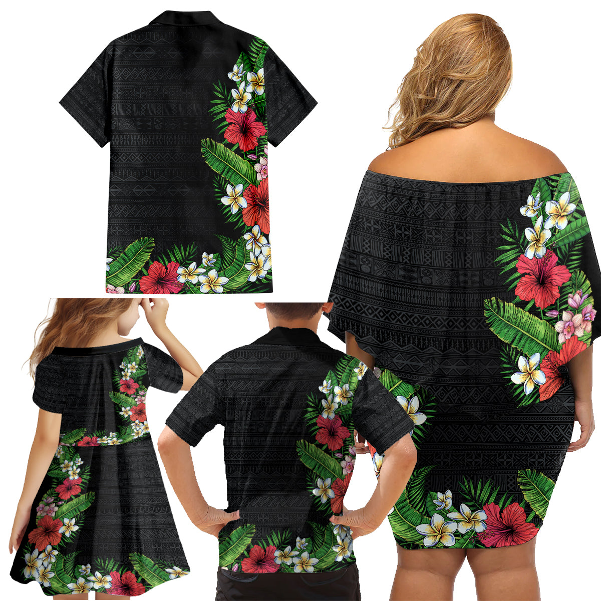 Hawaii Tropical Flowers and Leaves Family Matching Off Shoulder Short Dress and Hawaiian Shirt Tapa Pattern Colorful Mode LT03 - Polynesian Pride