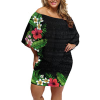 Hawaii Tropical Flowers and Leaves Family Matching Off Shoulder Short Dress and Hawaiian Shirt Tapa Pattern Colorful Mode LT03 Mom's Dress Black - Polynesian Pride