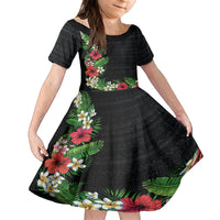 Hawaii Tropical Flowers and Leaves Family Matching Tank Maxi Dress and Hawaiian Shirt Tapa Pattern Colorful Mode LT03 Daughter's Dress Black - Polynesian Pride