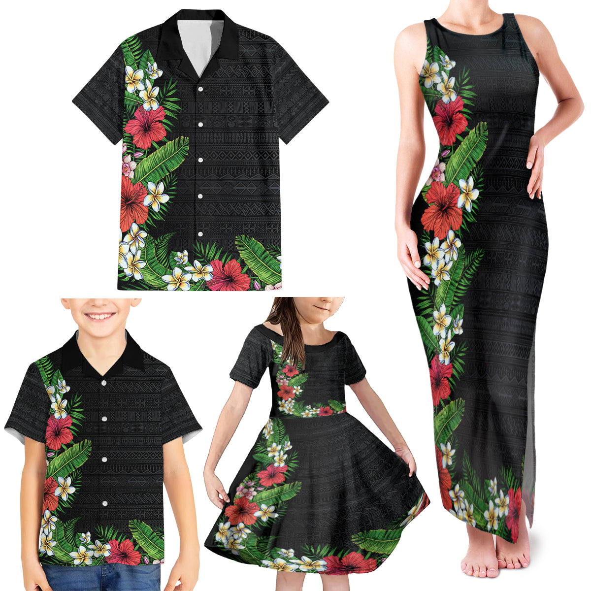 Hawaii Tropical Flowers and Leaves Family Matching Tank Maxi Dress and Hawaiian Shirt Tapa Pattern Colorful Mode LT03 - Polynesian Pride