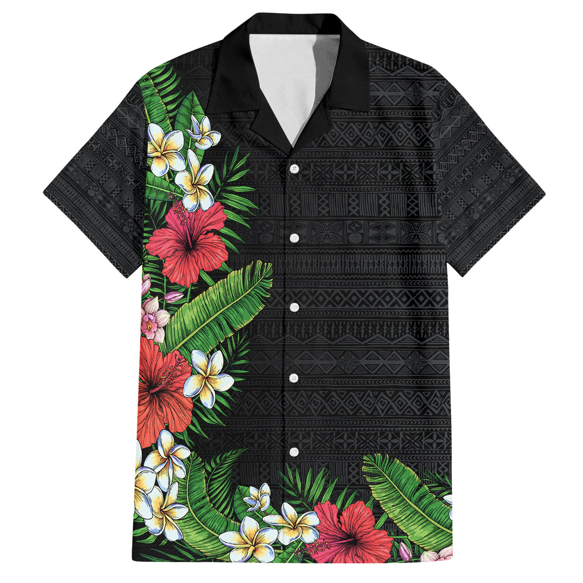 Hawaii Tropical Flowers and Leaves Family Matching Tank Maxi Dress and Hawaiian Shirt Tapa Pattern Colorful Mode LT03 Dad's Shirt - Short Sleeve Black - Polynesian Pride