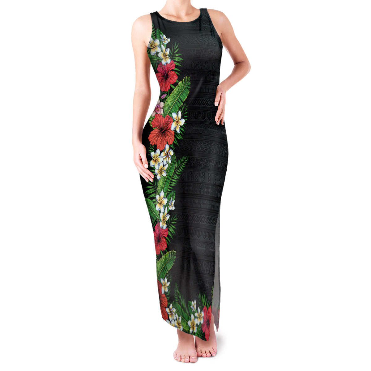 Hawaii Tropical Flowers and Leaves Family Matching Tank Maxi Dress and Hawaiian Shirt Tapa Pattern Colorful Mode LT03 Mom's Dress Black - Polynesian Pride