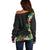 Hawaii Tropical Flowers and Leaves Off Shoulder Sweater Tapa Pattern Colorful Mode