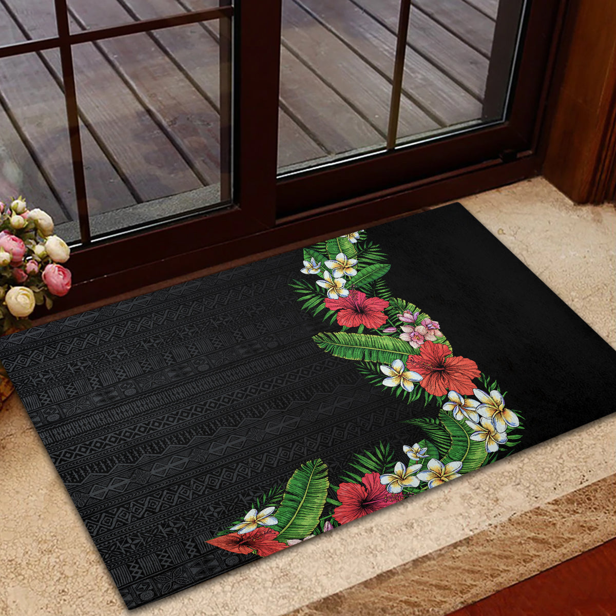Hawaii Tropical Flowers and Leaves Rubber Doormat Tapa Pattern Colorful Mode