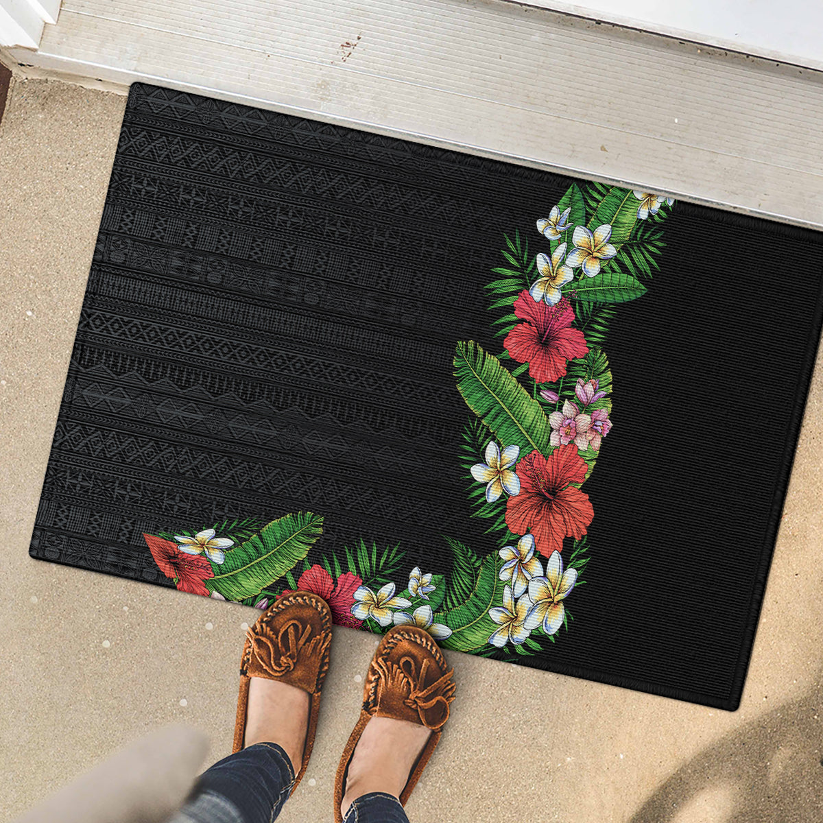 Hawaii Tropical Flowers and Leaves Rubber Doormat Tapa Pattern Colorful Mode