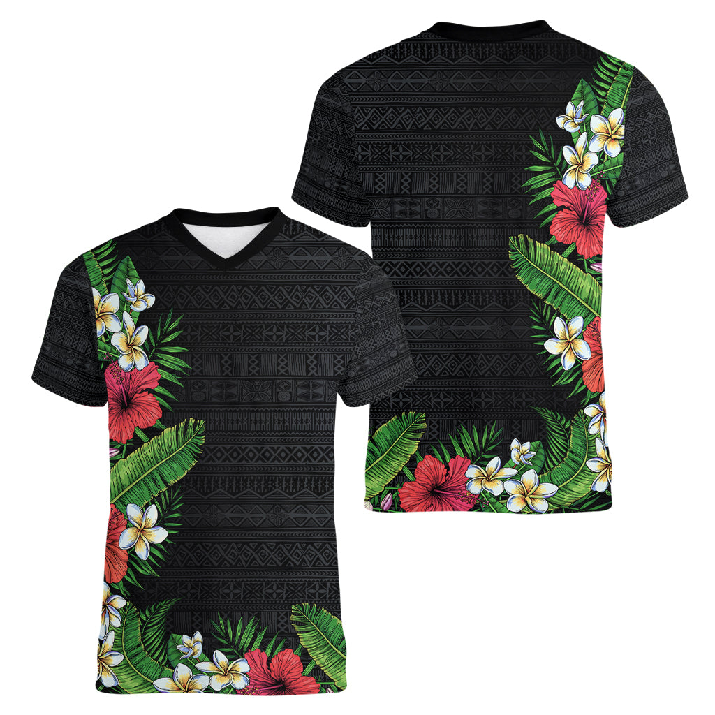 Hawaii Tropical Flowers and Leaves Women V-Neck T-Shirt Tapa Pattern Colorful Mode