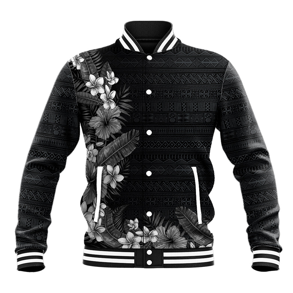 Hawaii Tropical Flowers and Leaves Baseball Jacket Tapa Pattern Grayscale Mode