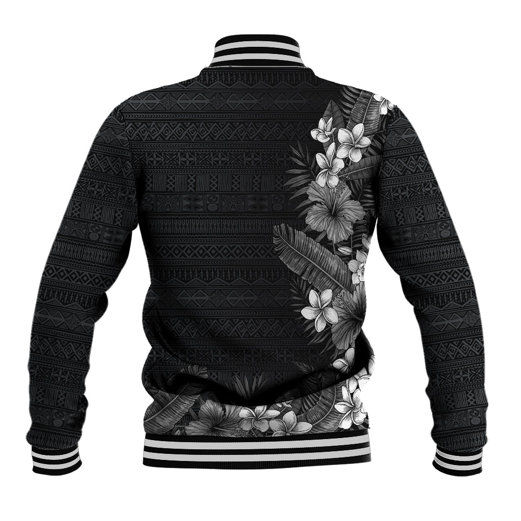 Hawaii Tropical Flowers and Leaves Baseball Jacket Tapa Pattern Grayscale Mode