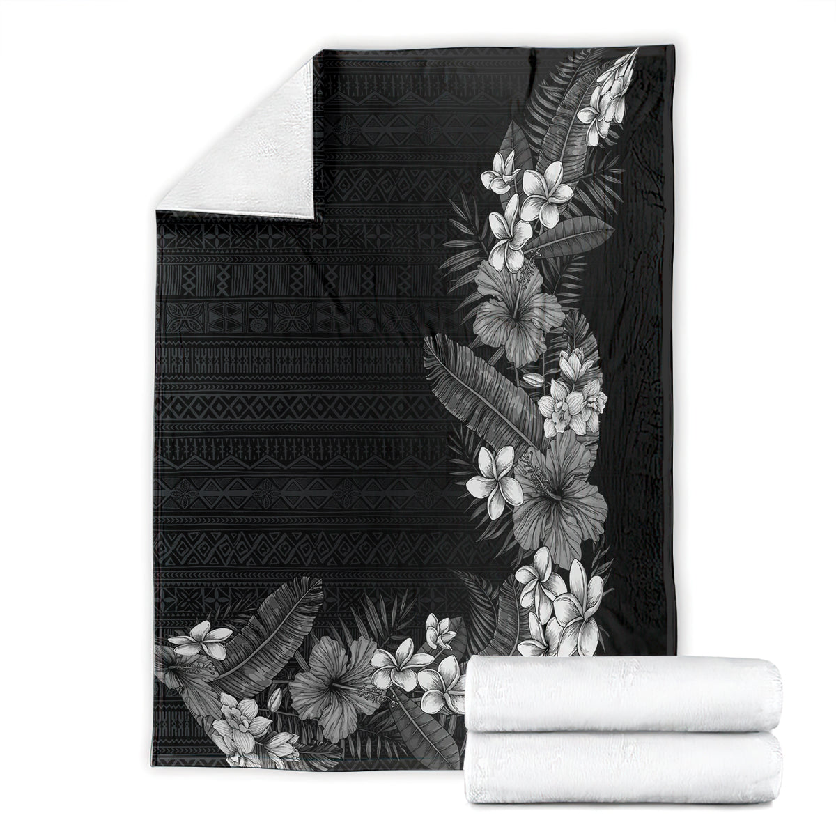 Hawaii Tropical Flowers and Leaves Blanket Tapa Pattern Grayscale Mode