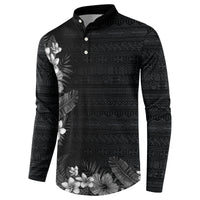 Hawaii Tropical Flowers and Leaves Button Sweatshirt Tapa Pattern Grayscale Mode