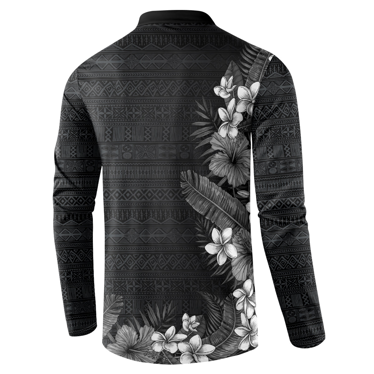 Hawaii Tropical Flowers and Leaves Button Sweatshirt Tapa Pattern Grayscale Mode