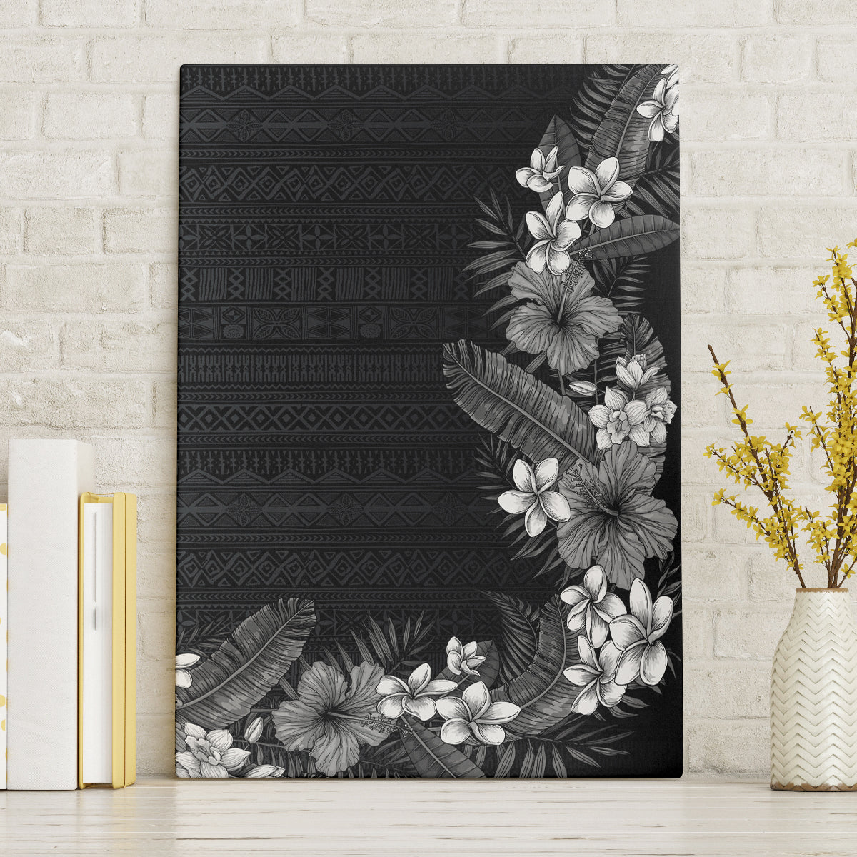 Hawaii Tropical Flowers and Leaves Canvas Wall Art Tapa Pattern Grayscale Mode