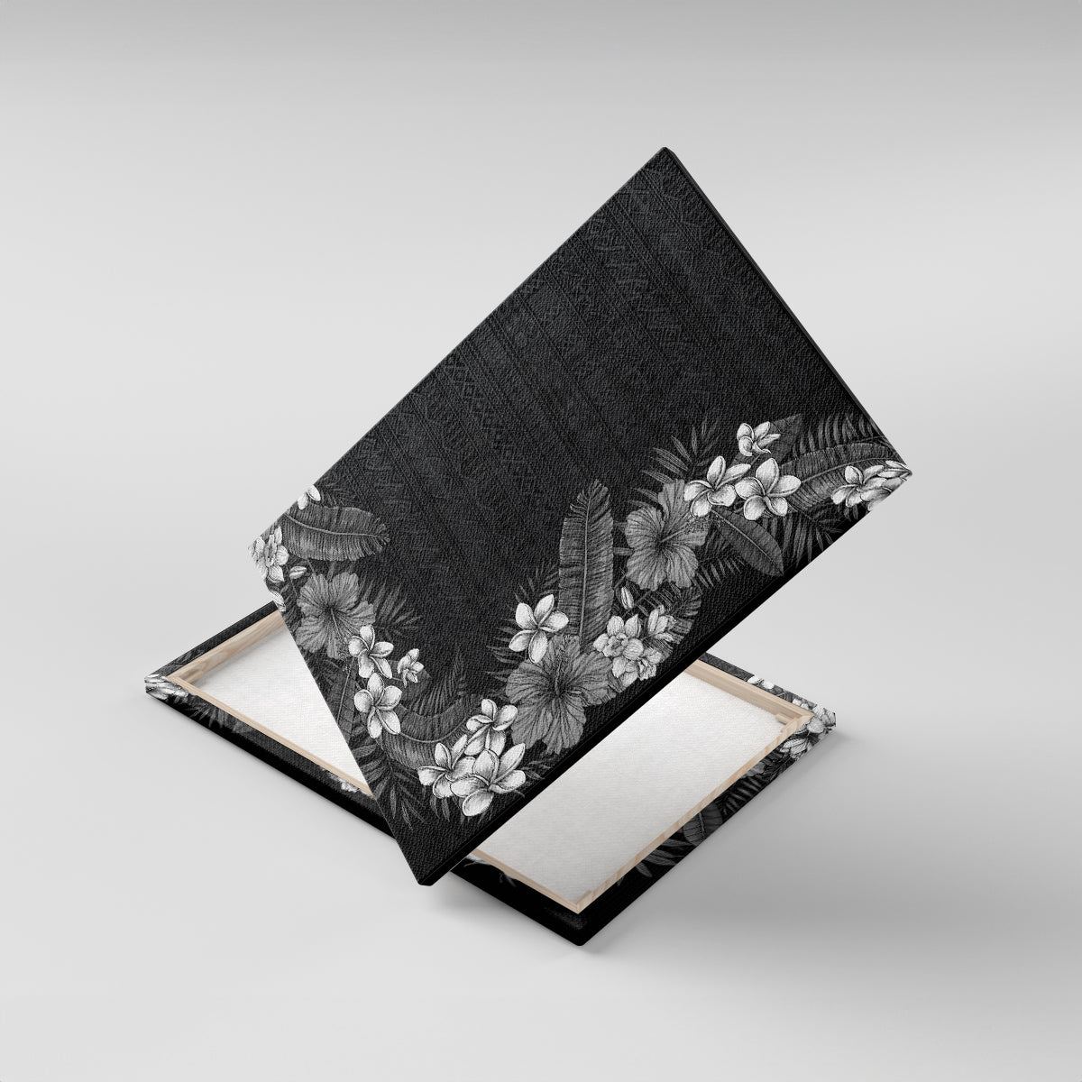 Hawaii Tropical Flowers and Leaves Canvas Wall Art Tapa Pattern Grayscale Mode