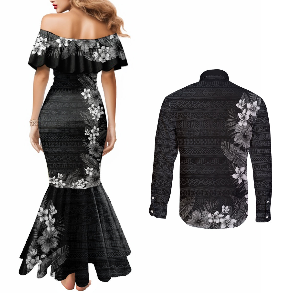 Hawaii Tropical Flowers and Leaves Couples Matching Mermaid Dress and Long Sleeve Button Shirt Tapa Pattern Grayscale Mode