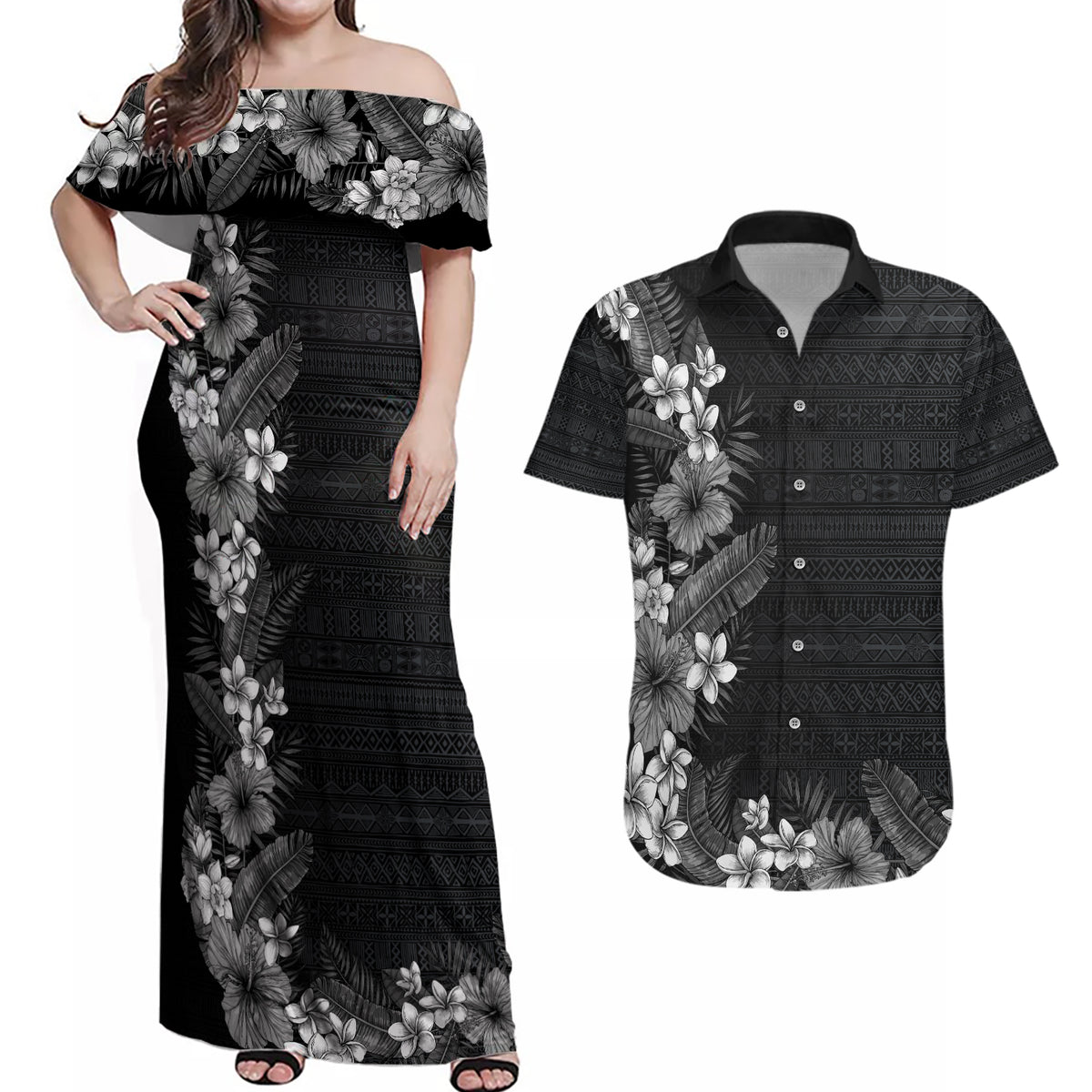 Hawaii Tropical Flowers and Leaves Couples Matching Off Shoulder Maxi Dress and Hawaiian Shirt Tapa Pattern Grayscale Mode