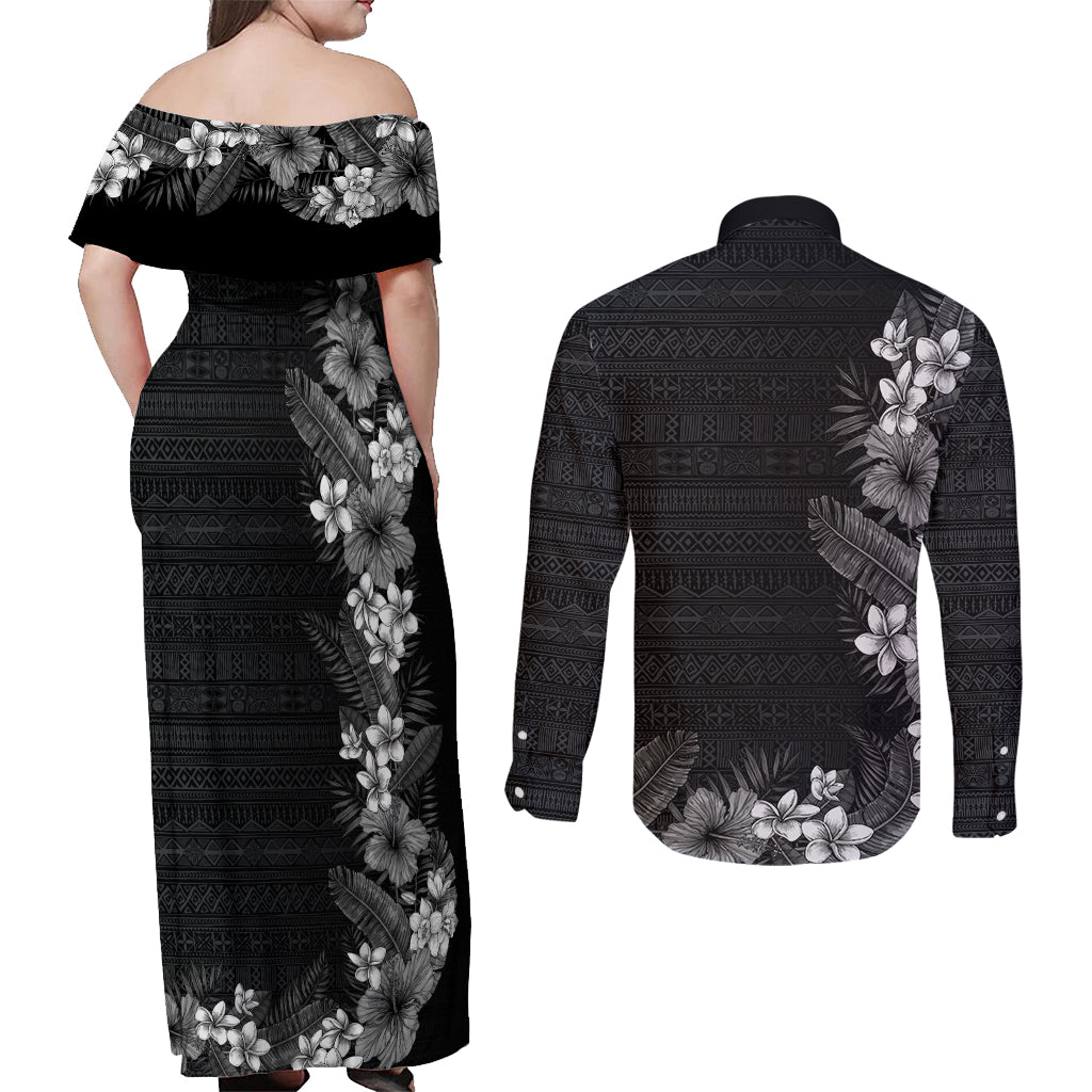Hawaii Tropical Flowers and Leaves Couples Matching Off Shoulder Maxi Dress and Long Sleeve Button Shirt Tapa Pattern Grayscale Mode