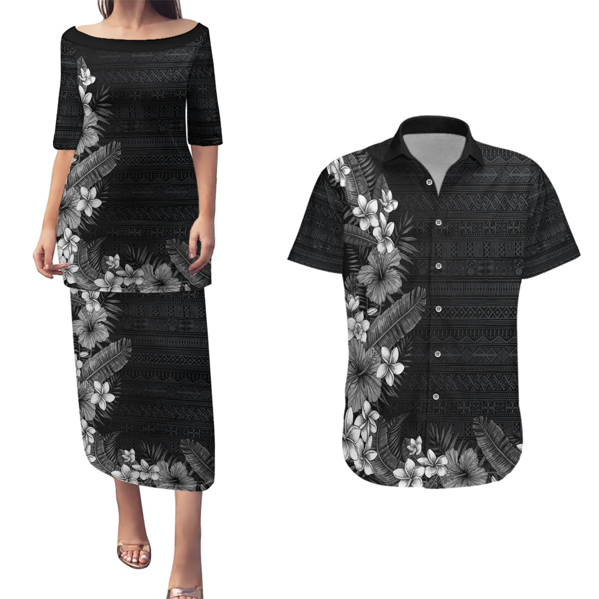Hawaii Tropical Flowers and Leaves Couples Matching Puletasi and Hawaiian Shirt Tapa Pattern Grayscale Mode