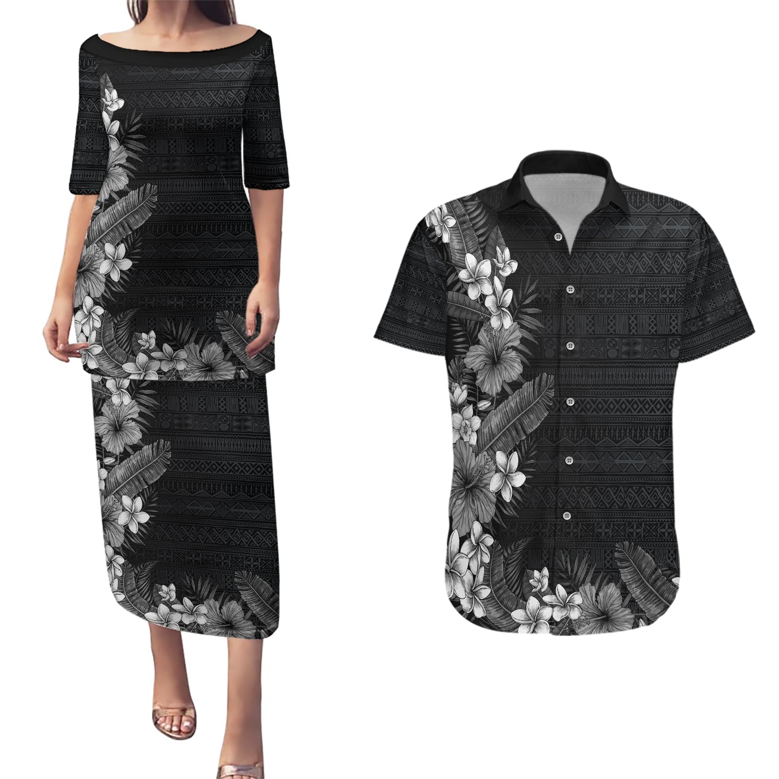 Hawaii Tropical Flowers and Leaves Couples Matching Puletasi and Hawaiian Shirt Tapa Pattern Grayscale Mode