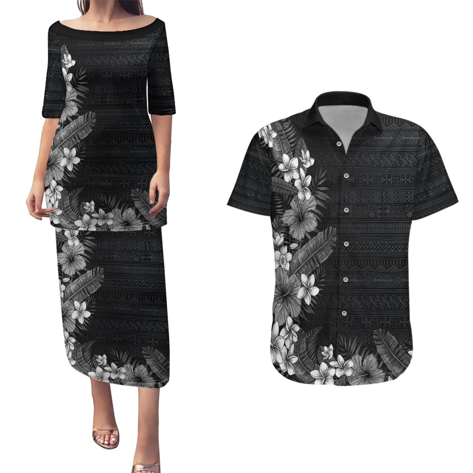 Hawaii Tropical Flowers and Leaves Couples Matching Puletasi and Hawaiian Shirt Tapa Pattern Grayscale Mode